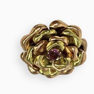Flower Brooch Gold Tone And Copper Color Metal Purple Rhinestone Layered Petals